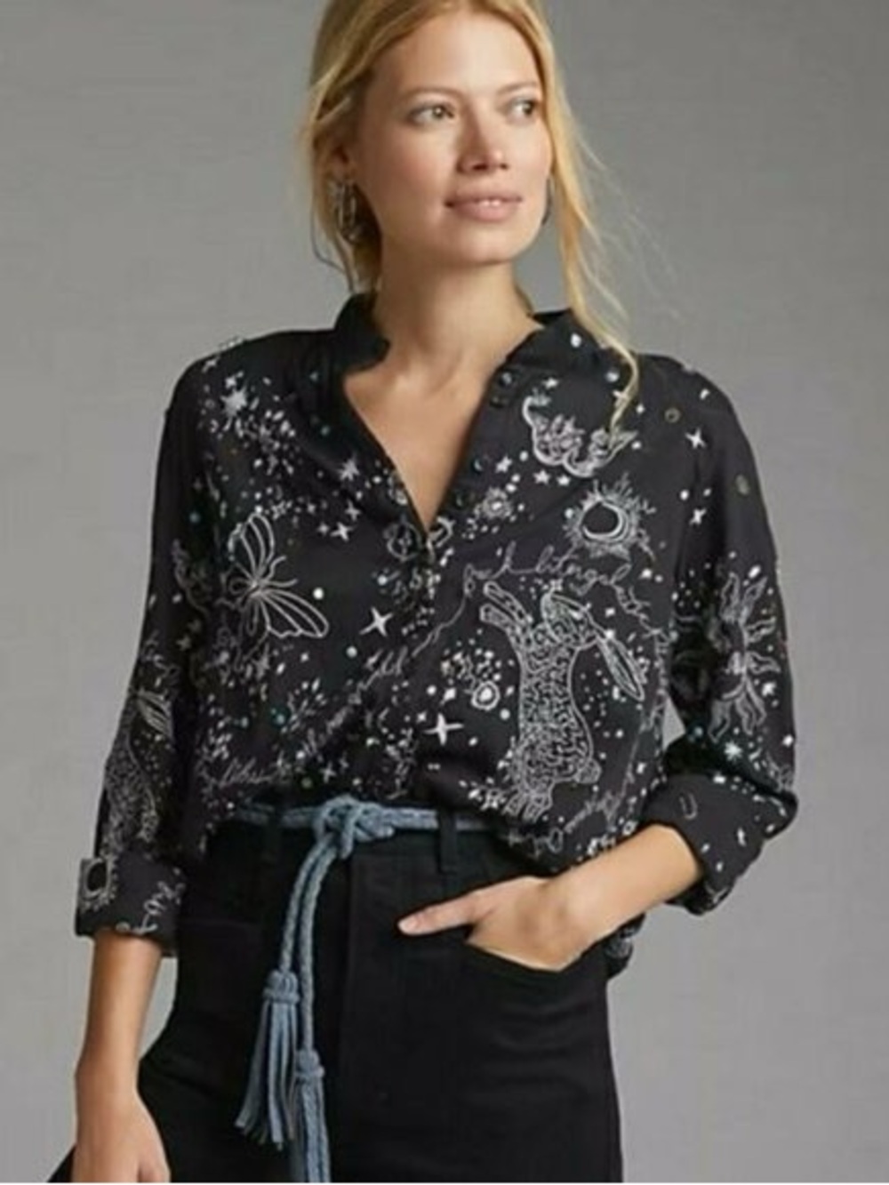 Anthropologie Pilcro Celestial Embroidered Sequin Button Down Shirt XS